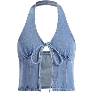 image:imageWomens Y2K Denim Halter Tops Sleeveless Bowknot Split Hem Tank Top Going Out ClothesLight Wash