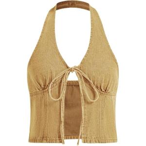image:imageWomens Y2K Denim Halter Tops Sleeveless Bowknot Split Hem Tank Top Going Out ClothesYellow