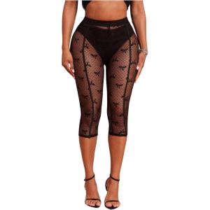image:imageWomens Y2K Leopard Mesh Cropped Leggings 34 Length Club Capri PantsBlack Sheer