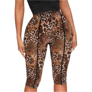 image:imageWomens Y2K Leopard Mesh Cropped Leggings 34 Length Club Capri PantsBrown