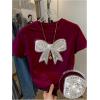 image:imageWomens Beaded Sequin Tops Bowknot Bow T Shirt Short Sleeve Crewneck Trendy Tee Top Y2k TopsBow Burgundy