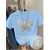 image:imageWomens Beaded Sequin Tops Bowknot Bow T Shirt Short Sleeve Crewneck Trendy Tee Top Y2k TopsLight Blue