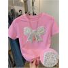 image:imageWomens Beaded Sequin Tops Bowknot Bow T Shirt Short Sleeve Crewneck Trendy Tee Top Y2k TopsPink