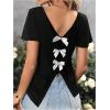 image:imageWomens Bow Shirts Short Cap Sleeve V Neck Asymmetrical Backless Tops Elegant Casual Summer TopsBlack