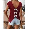 image:imageWomens Bow Shirts Short Cap Sleeve V Neck Asymmetrical Backless Tops Elegant Casual Summer TopsBurgundy