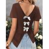 image:imageWomens Bow Shirts Short Cap Sleeve V Neck Asymmetrical Backless Tops Elegant Casual Summer TopsChocolate Brown