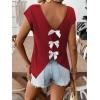 image:imageWomens Bow Shirts Short Cap Sleeve V Neck Asymmetrical Backless Tops Elegant Casual Summer TopsDark Red