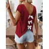 image:imageWomens Bow Shirts Short Cap Sleeve V Neck Asymmetrical Backless Tops Elegant Casual Summer TopsDark Red