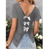 image:imageWomens Bow Shirts Short Cap Sleeve V Neck Asymmetrical Backless Tops Elegant Casual Summer TopsLight Grey