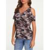 image:imageWomens Camo Cold Shoulder T Shirt V Neck Short Sleeve Slim Fit 2025 Summer Tee TopsBrown