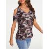 image:imageWomens Camo Cold Shoulder T Shirt V Neck Short Sleeve Slim Fit 2025 Summer Tee TopsBrown