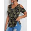 image:imageWomens Camo Cold Shoulder T Shirt V Neck Short Sleeve Slim Fit 2025 Summer Tee TopsGreen