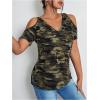 image:imageWomens Camo Cold Shoulder T Shirt V Neck Short Sleeve Slim Fit 2025 Summer Tee TopsGreen