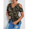 image:imageWomens Camo Cold Shoulder T Shirt V Neck Short Sleeve Slim Fit 2025 Summer Tee TopsGreen