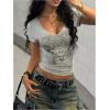 image:imageWomens Gothic Y2K Rhinestone Graphic Tees V Neck Short Sleeve Fitted Crop Tops Street T ShirtGrey