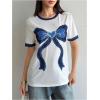image:imageWomens Graphic Cherry Bow Tees Casual Letter Print Round Neck T Shirt Summer Short Sleeve Trendy TopsWhite Bow Blue