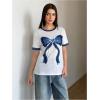 image:imageWomens Graphic Cherry Bow Tees Casual Letter Print Round Neck T Shirt Summer Short Sleeve Trendy TopsWhite Bow Blue