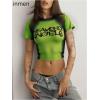 image:imageWomens Graphic Print Sheer Crop Tees Short Sleeve Crew Neck TShirts Going Out TopsLime Green
