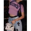 image:imageWomens Graphic Print Sheer Crop Tees Short Sleeve Crew Neck TShirts Going Out TopsPurple