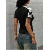 image:imageWomens Jersey Shirts V Neck Short Sleeve Graphic Tees Number Color Block Fitted Sports Crop TopsBlack and White