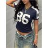 image:imageWomens Jersey Shirts V Neck Short Sleeve Graphic Tees Number Color Block Fitted Sports Crop TopsDeep Blue