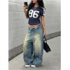 image:imageWomens Jersey Shirts V Neck Short Sleeve Graphic Tees Number Color Block Fitted Sports Crop TopsDeep Blue