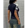 image:imageWomens Jersey Shirts V Neck Short Sleeve Graphic Tees Number Color Block Fitted Sports Crop TopsDeep Blue