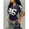 image:imageWomens Jersey Shirts V Neck Short Sleeve Graphic Tees Number Color Block Fitted Sports Crop TopsDeep Blue
