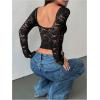 image:imageWomens Lace Mesh Patchwork Tops Backless Long Sleeve T Shirts Slim Fit Crop TopsBlack