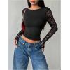 image:imageWomens Lace Mesh Patchwork Tops Backless Long Sleeve T Shirts Slim Fit Crop TopsBlack