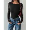image:imageWomens Lace Mesh Patchwork Tops Backless Long Sleeve T Shirts Slim Fit Crop TopsBlack