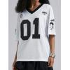 image:imageWomens Number Print Mesh Oversized Jersey Shirts Striped Trim Half Sleeve Baggy Camo Graphic TeesBlack and White