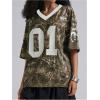 image:imageWomens Number Print Mesh Oversized Jersey Shirts Striped Trim Half Sleeve Baggy Camo Graphic TeesCamo Multicolor