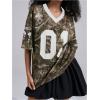 image:imageWomens Number Print Mesh Oversized Jersey Shirts Striped Trim Half Sleeve Baggy Camo Graphic TeesCamo Multicolor