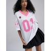 image:imageWomens Number Print Mesh Oversized Jersey Shirts Striped Trim Half Sleeve Baggy Camo Graphic TeesHot Pink