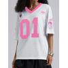 image:imageWomens Number Print Mesh Oversized Jersey Shirts Striped Trim Half Sleeve Baggy Camo Graphic TeesHot Pink