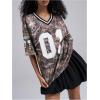 image:imageWomens Number Print Mesh Oversized Jersey Shirts Striped Trim Half Sleeve Baggy Camo Graphic TeesMulticolor