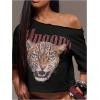 image:imageWomens Off Shoulder Letter Graphic Tees Short Sleeve Loose T Shirts Asymmetric Crop TopsBlack and Red