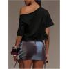 image:imageWomens Off Shoulder Letter Graphic Tees Short Sleeve Loose T Shirts Asymmetric Crop TopsBlack and Red