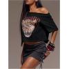 image:imageWomens Off Shoulder Letter Graphic Tees Short Sleeve Loose T Shirts Asymmetric Crop TopsBlack and Red