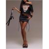 image:imageWomens Off Shoulder Letter Graphic Tees Short Sleeve Loose T Shirts Asymmetric Crop TopsBlack and Red