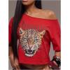 image:imageWomens Off Shoulder Letter Graphic Tees Short Sleeve Loose T Shirts Asymmetric Crop TopsRed