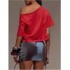 image:imageWomens Off Shoulder Letter Graphic Tees Short Sleeve Loose T Shirts Asymmetric Crop TopsRed