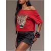 image:imageWomens Off Shoulder Letter Graphic Tees Short Sleeve Loose T Shirts Asymmetric Crop TopsRed