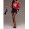 image:imageWomens Off Shoulder Letter Graphic Tees Short Sleeve Loose T Shirts Asymmetric Crop TopsRed