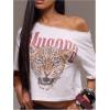 image:imageWomens Off Shoulder Letter Graphic Tees Short Sleeve Loose T Shirts Asymmetric Crop TopsWhite