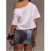 image:imageWomens Off Shoulder Letter Graphic Tees Short Sleeve Loose T Shirts Asymmetric Crop TopsWhite