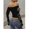 image:imageWomens Off The Shoulder Goth Graphic Tees Long Sleeve Slim Fit Y2K Crop Tops Vintage T ShirtBlack