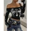image:imageWomens Off The Shoulder Goth Graphic Tees Long Sleeve Slim Fit Y2K Crop Tops Vintage T ShirtBlack