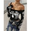image:imageWomens Off The Shoulder Goth Graphic Tees Long Sleeve Slim Fit Y2K Crop Tops Vintage T ShirtBlack